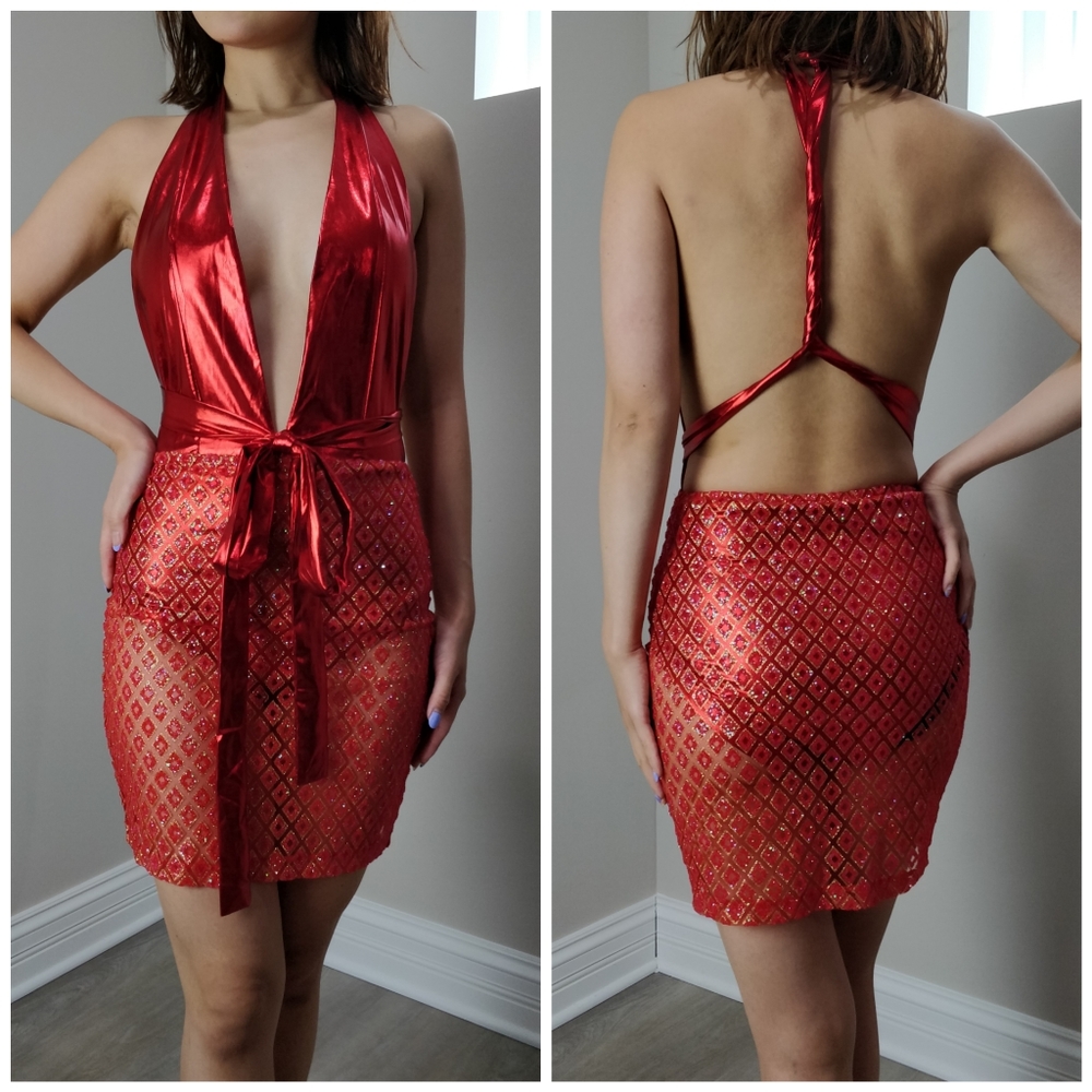 NWOT mini dress glitter skirt halter top deep v